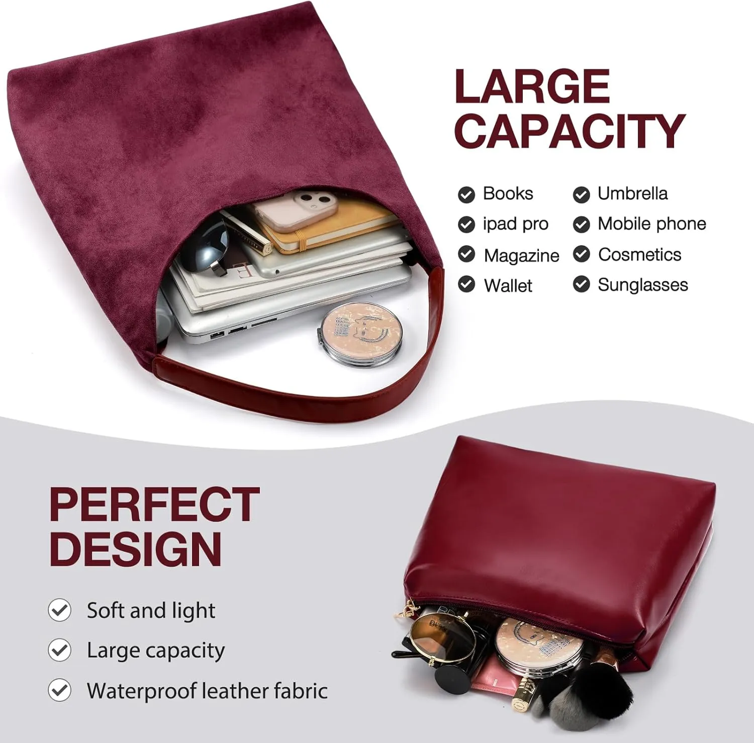2-Piece Vegan Leather Purse Set for Women: Slouchy Hobo Shoulder Bag & Suede Tote Bag