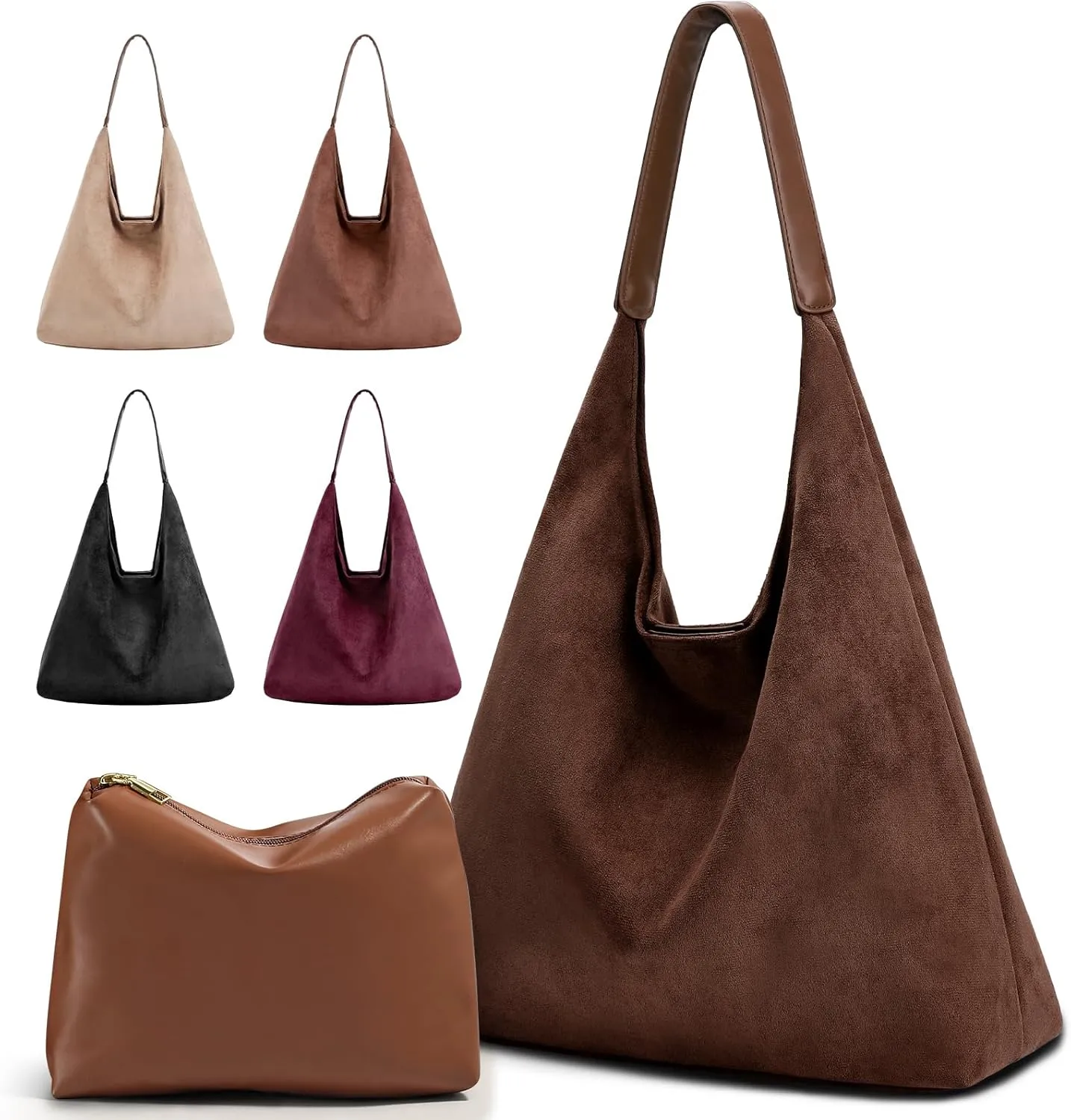 2-Piece Vegan Leather Purse Set for Women: Slouchy Hobo Shoulder Bag & Suede Tote Bag