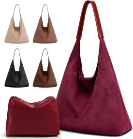 2-Piece Vegan Leather Purse Set for Women: Slouchy Hobo Shoulder Bag & Suede Tote Bag