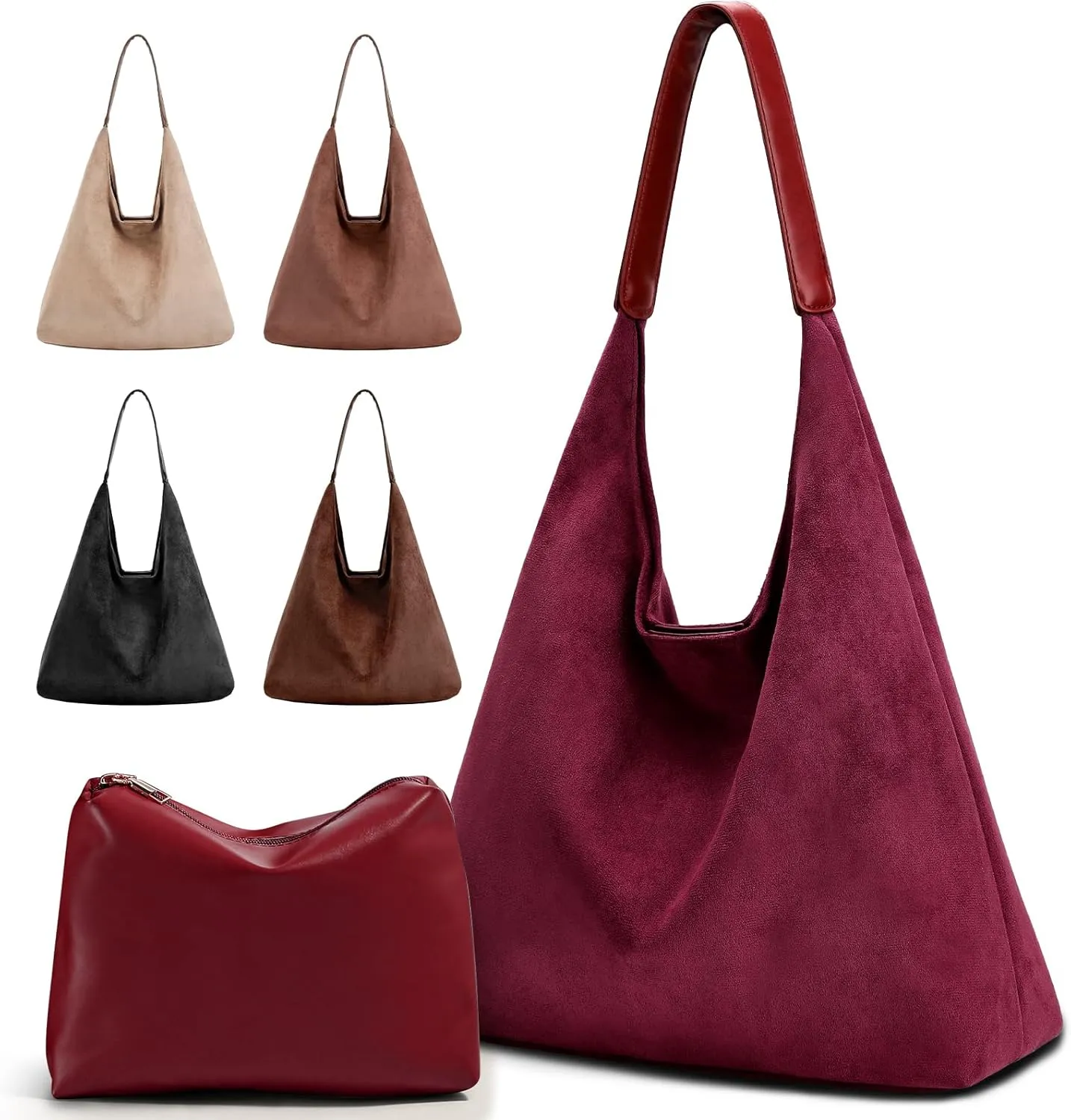 2-Piece Vegan Leather Purse Set for Women: Slouchy Hobo Shoulder Bag & Suede Tote Bag