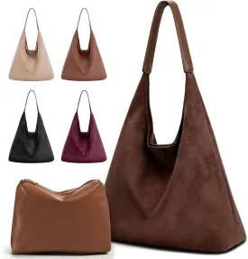 2-Piece Vegan Leather Purse Set for Women: Slouchy Hobo Shoulder Bag & Suede Tote Bag