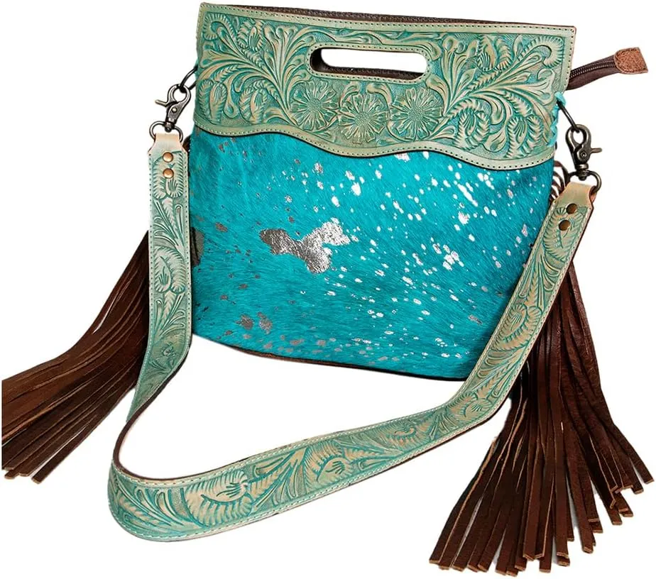 American Darling ADBGS146TRQTR Clutch Hand Tooled Hair On Genuine Leather Women Bag Western Handbag Purse