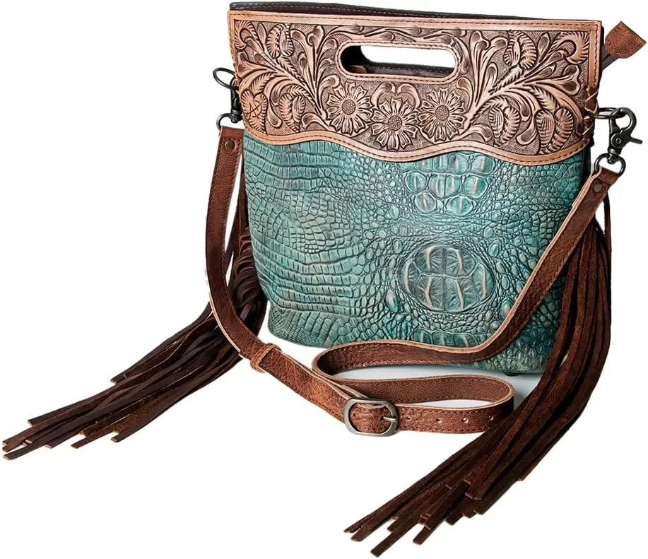 American Darling Clutch Hand Tooled Crocodile Embossed Genuine Leather Women Bag Western Handbag Purse| Leather Clutch Bag |