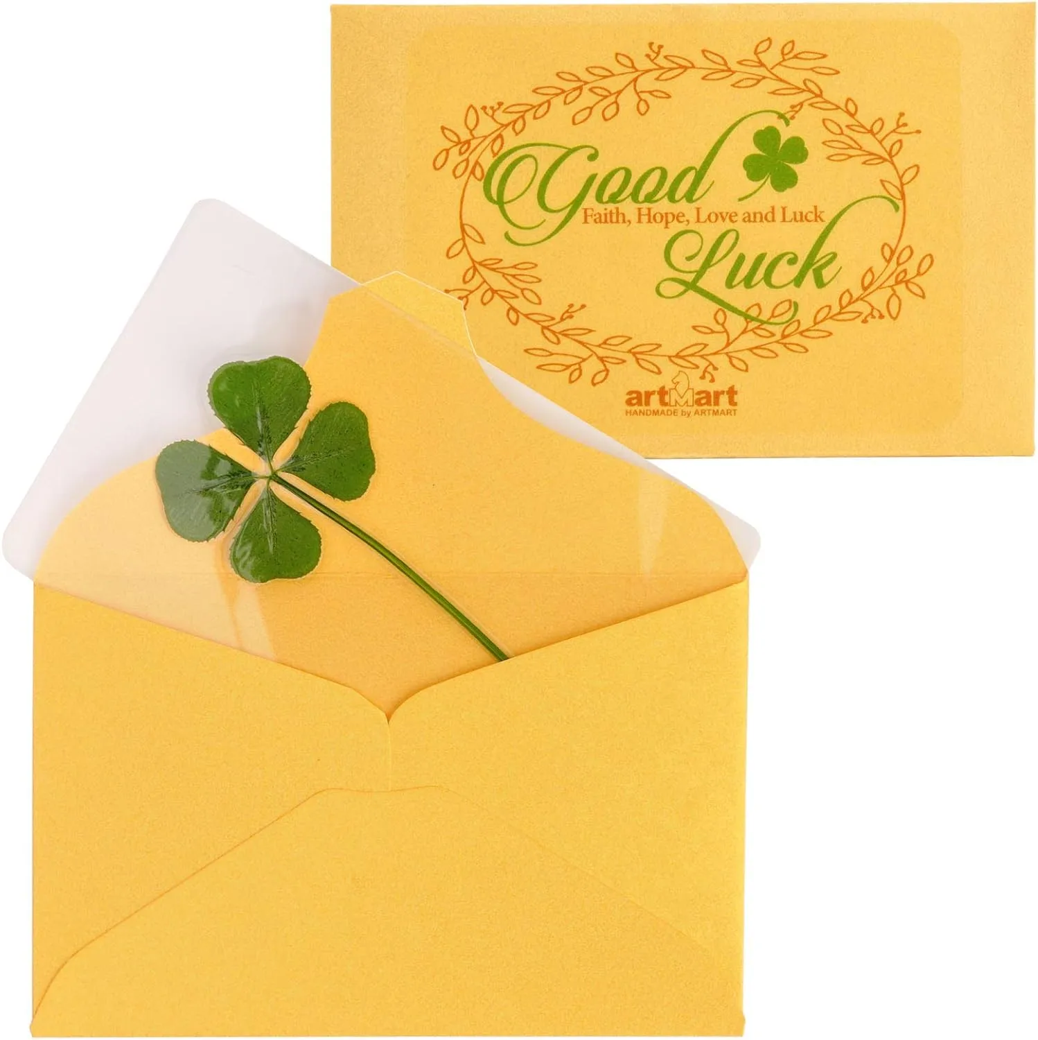 ARTMART Genuine Real Four-Leaf Green Clover St. Saint Patric's Day Bookmarks Irish Shamrock Good Luck Charm for Smartphone Wallet Case Amulet Purse Coating Gift Thanks Card M