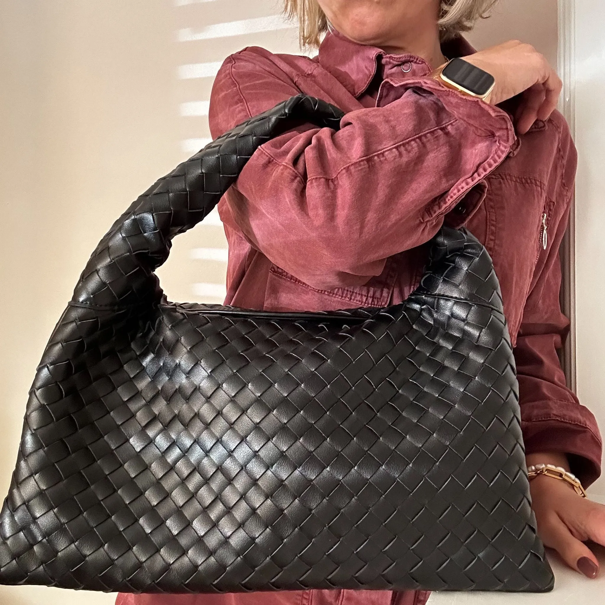 Black Woven Leather Handbag