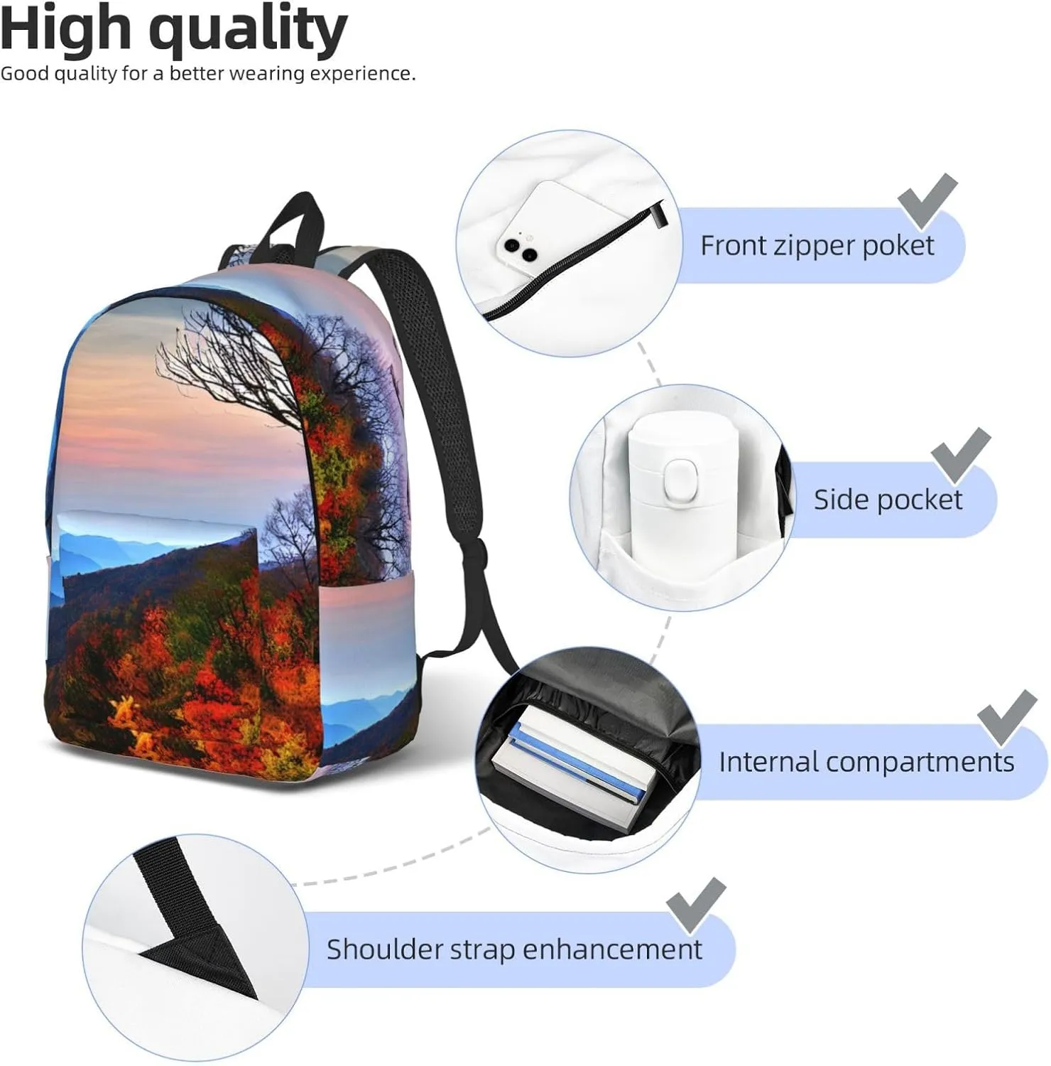 Blue Ridge Mountains Print Canvas Backpack For Women Travel Backpack For Men College Casual Laptop Daypack