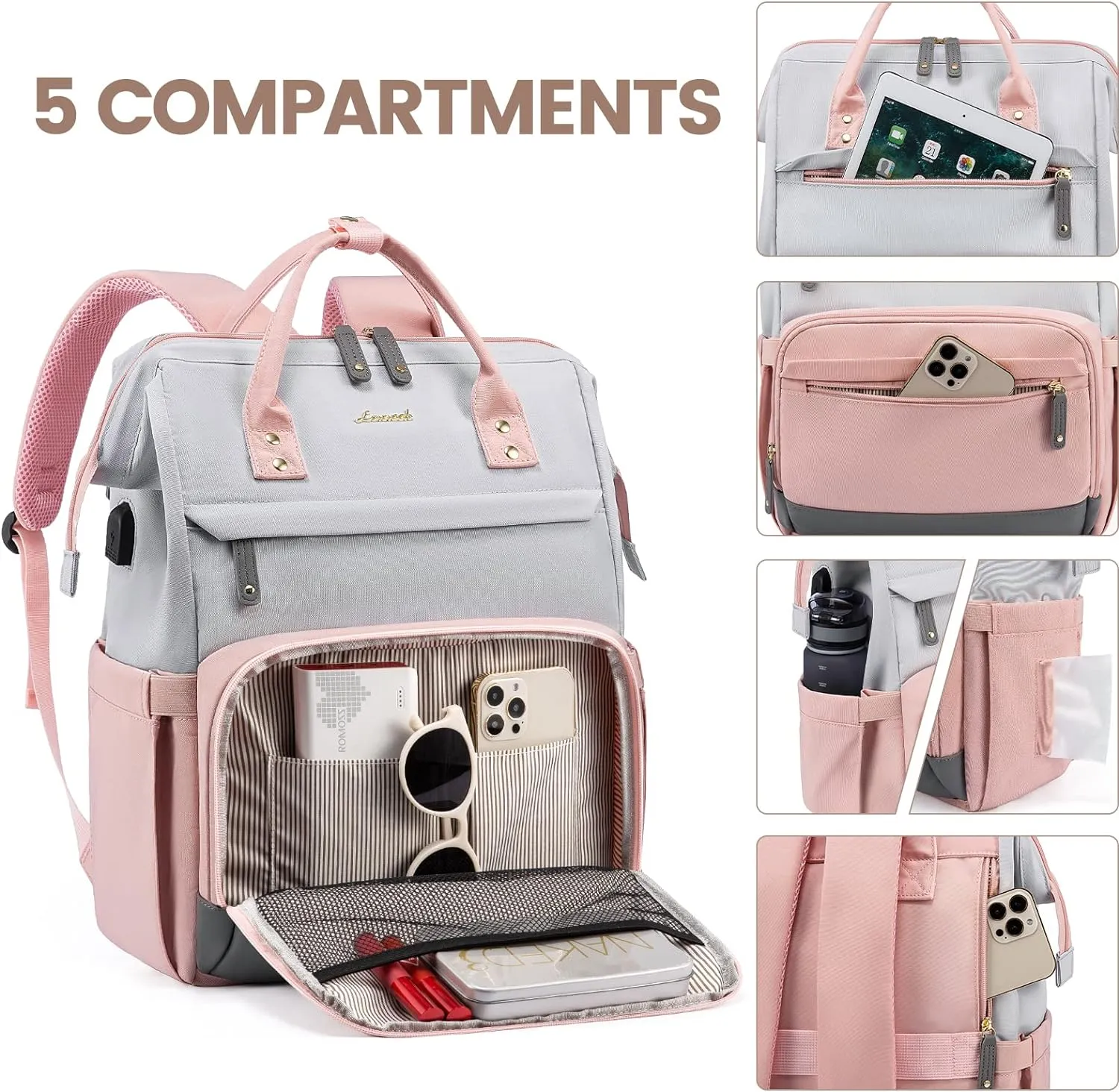 Brown/Beige College Travel Style Work Laptop USB Backpack