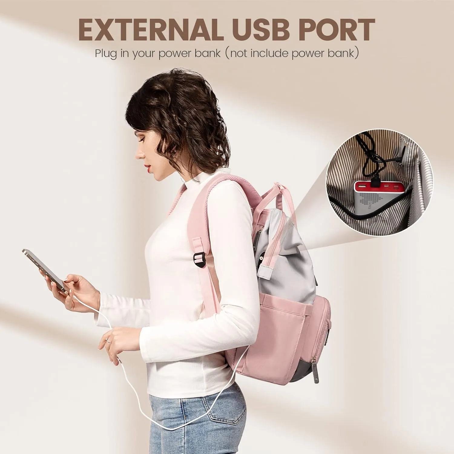Brown/Beige College Travel Style Work Laptop USB Backpack