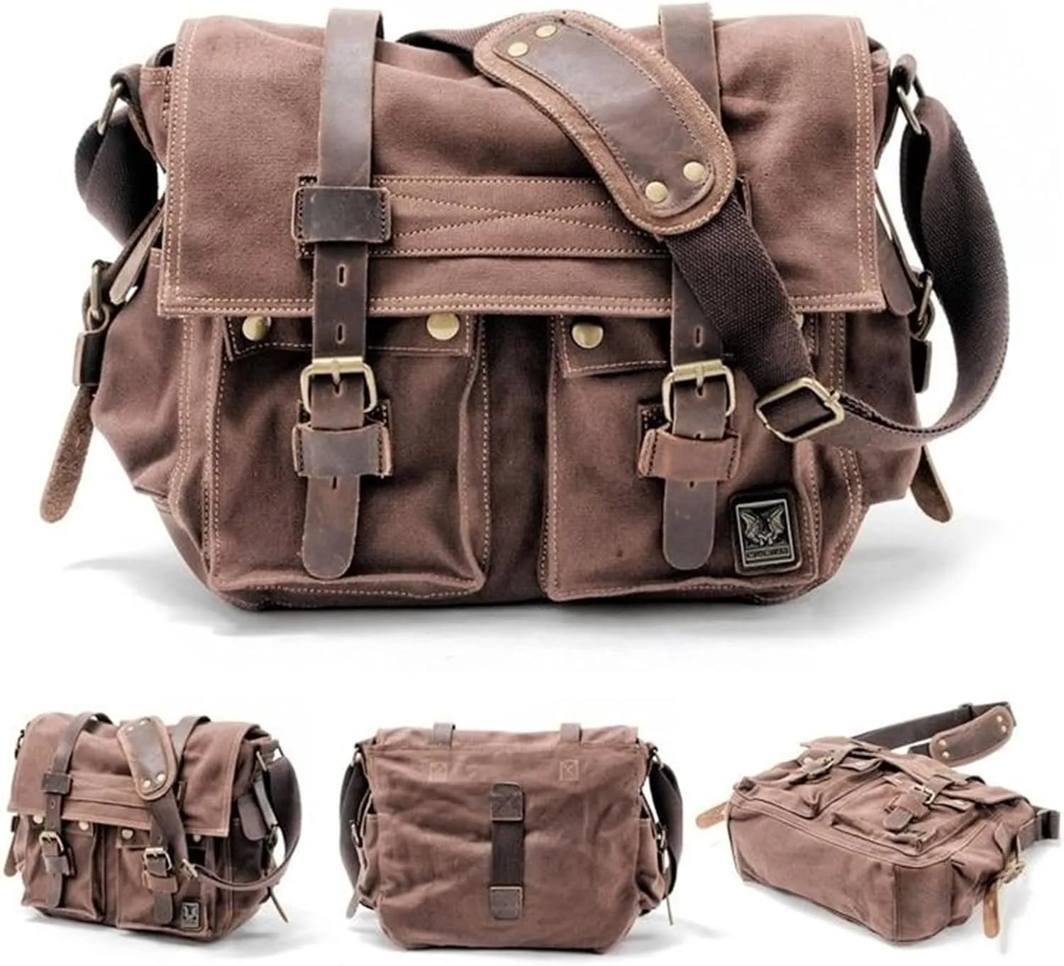 Canvas Messenger Bag, Vintage Genuine Leather Shoulder Bag, Briefcase Crossbody Satchel Purse Laptop Bag Medium