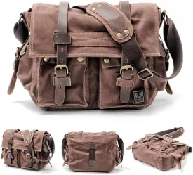 Canvas Messenger Bag, Vintage Genuine Leather Shoulder Bag, Briefcase Crossbody Satchel Purse Laptop Bag Medium