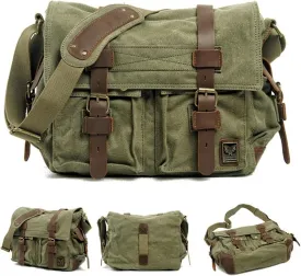 Canvas Messenger Bag, Vintage Genuine Leather Shoulder Bag, Briefcase Crossbody Satchel Purse Laptop Bag Medium