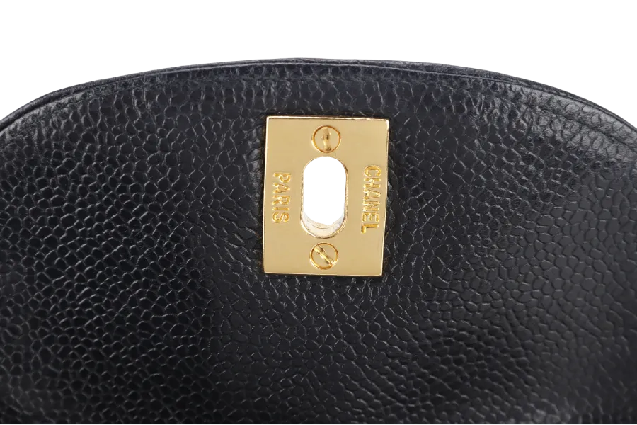 CHANEL VINTAGE BLACK CAVIAR MINI SLING BUCKET BAG WITH FLAP GOLD HARDWARE NO CARD, NO DUST COVER