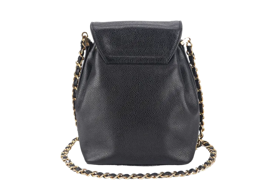 CHANEL VINTAGE BLACK CAVIAR MINI SLING BUCKET BAG WITH FLAP GOLD HARDWARE NO CARD, NO DUST COVER