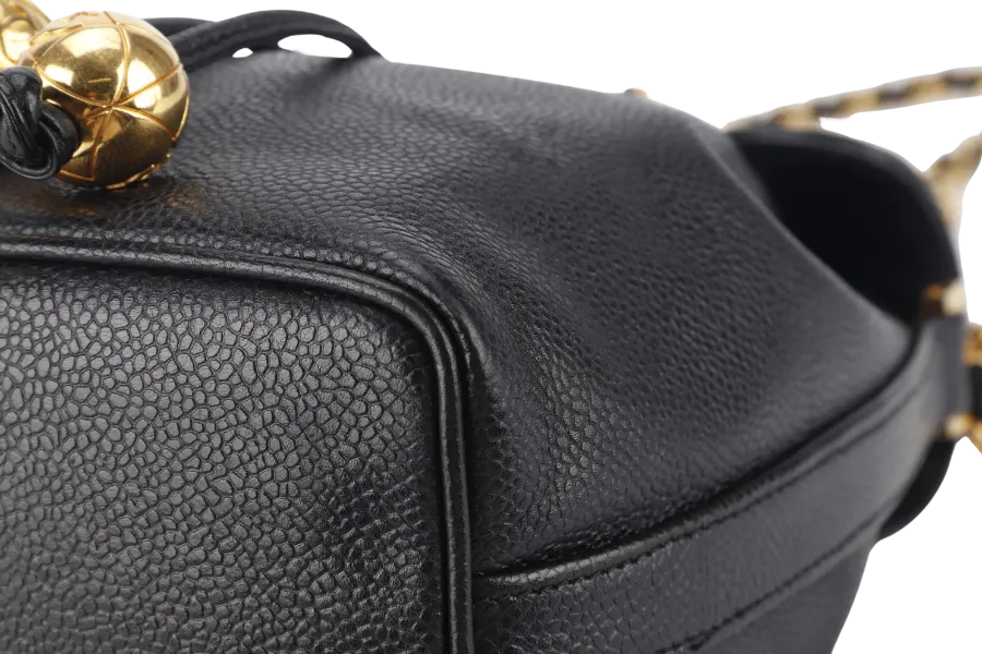 CHANEL VINTAGE BLACK CAVIAR MINI SLING BUCKET BAG WITH FLAP GOLD HARDWARE NO CARD, NO DUST COVER