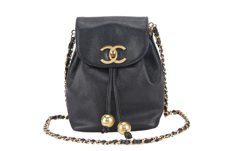 CHANEL VINTAGE BLACK CAVIAR MINI SLING BUCKET BAG WITH FLAP GOLD HARDWARE NO CARD, NO DUST COVER