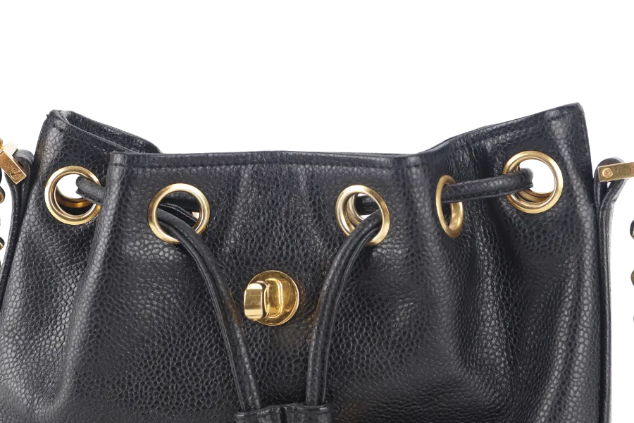 CHANEL VINTAGE BLACK CAVIAR MINI SLING BUCKET BAG WITH FLAP GOLD HARDWARE NO CARD, NO DUST COVER