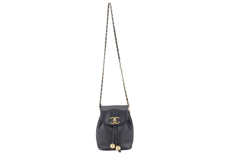 CHANEL VINTAGE BLACK CAVIAR MINI SLING BUCKET BAG WITH FLAP GOLD HARDWARE NO CARD, NO DUST COVER