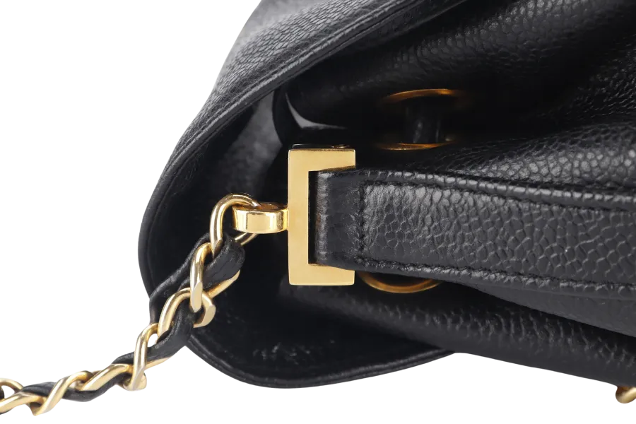 CHANEL VINTAGE BLACK CAVIAR MINI SLING BUCKET BAG WITH FLAP GOLD HARDWARE NO CARD, NO DUST COVER
