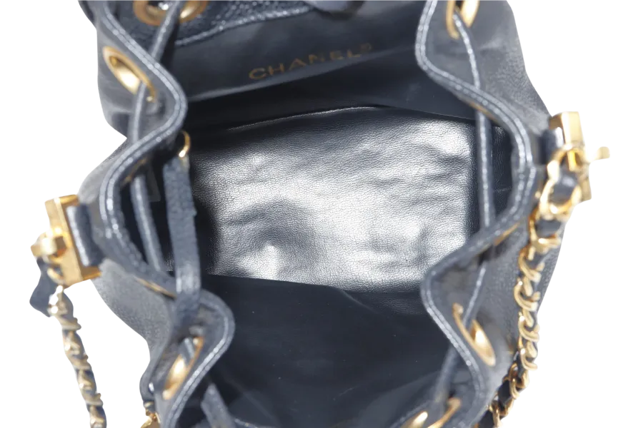 CHANEL VINTAGE BLACK CAVIAR MINI SLING BUCKET BAG WITH FLAP GOLD HARDWARE NO CARD, NO DUST COVER