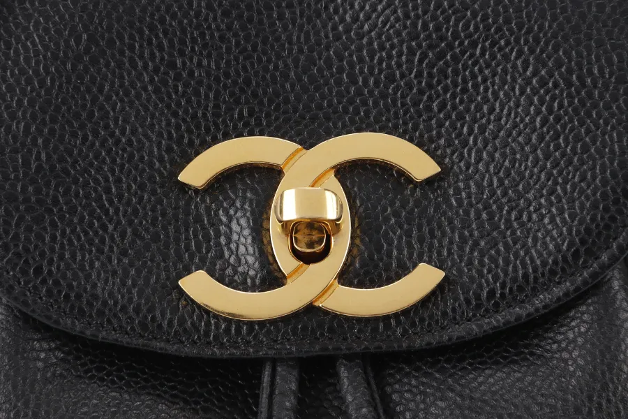 CHANEL VINTAGE BLACK CAVIAR MINI SLING BUCKET BAG WITH FLAP GOLD HARDWARE NO CARD, NO DUST COVER