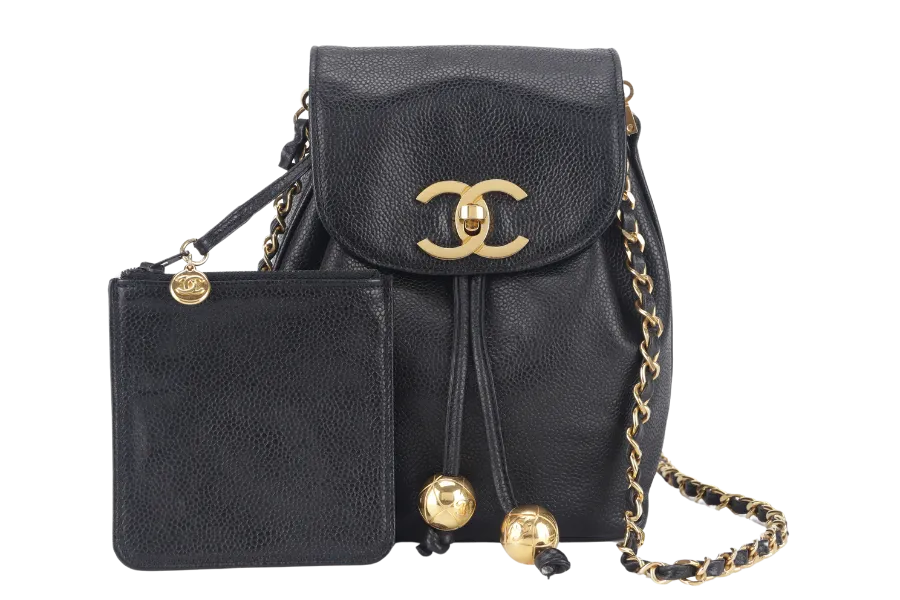CHANEL VINTAGE BLACK CAVIAR MINI SLING BUCKET BAG WITH FLAP GOLD HARDWARE NO CARD, NO DUST COVER