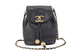 CHANEL VINTAGE BLACK CAVIAR MINI SLING BUCKET BAG WITH FLAP GOLD HARDWARE NO CARD, NO DUST COVER