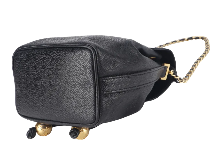 CHANEL VINTAGE BLACK CAVIAR MINI SLING BUCKET BAG WITH FLAP GOLD HARDWARE NO CARD, NO DUST COVER
