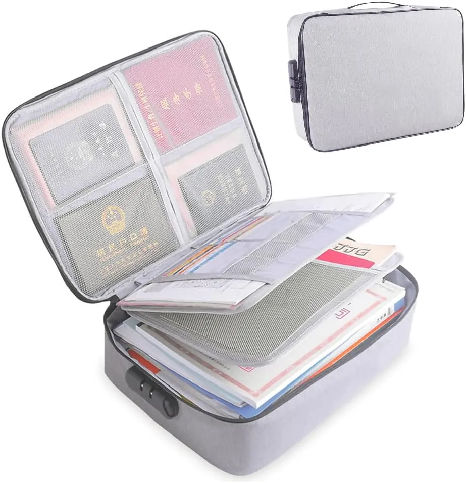 Document Organizer Bag with Code Lock,Watertight 3-Layer File Storage Case,Portable Home Office Travel Important Document Safe for Tablet,Passport,Legal Files,Valuables(Grey)