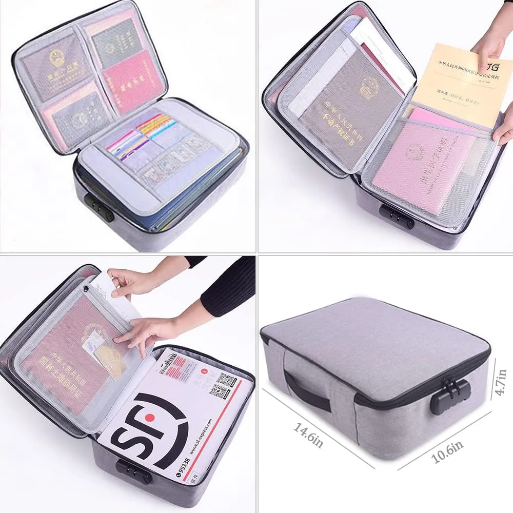 Document Organizer Bag with Code Lock,Watertight 3-Layer File Storage Case,Portable Home Office Travel Important Document Safe for Tablet,Passport,Legal Files,Valuables(Grey)