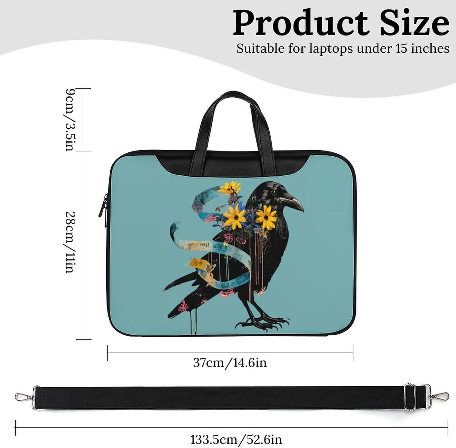 Floral Black Raven Blue Ribbon Laptop Sleeve Bag Protective Case Handbag With Shoulder Strap for Computer 10-17 Inch