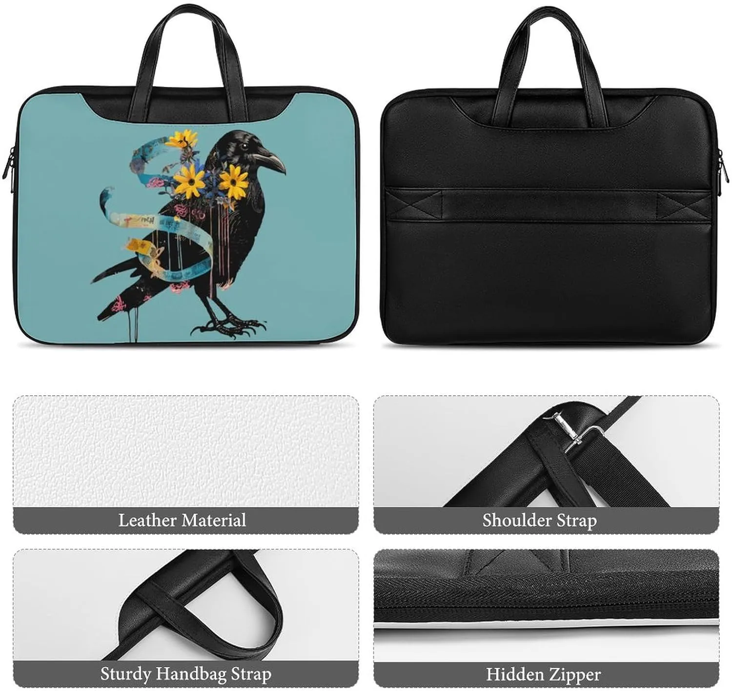 Floral Black Raven Blue Ribbon Laptop Sleeve Bag Protective Case Handbag With Shoulder Strap for Computer 10-17 Inch