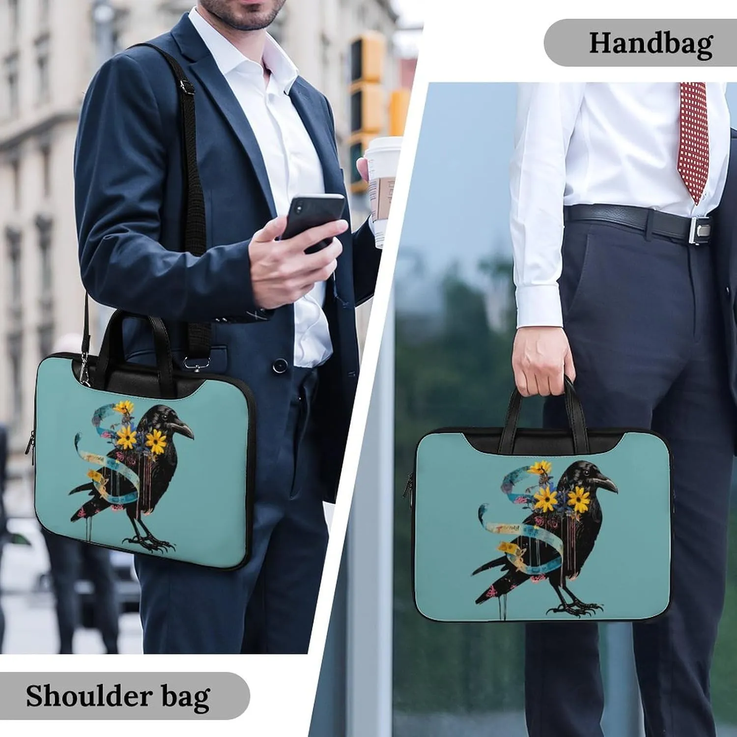 Floral Black Raven Blue Ribbon Laptop Sleeve Bag Protective Case Handbag With Shoulder Strap for Computer 10-17 Inch