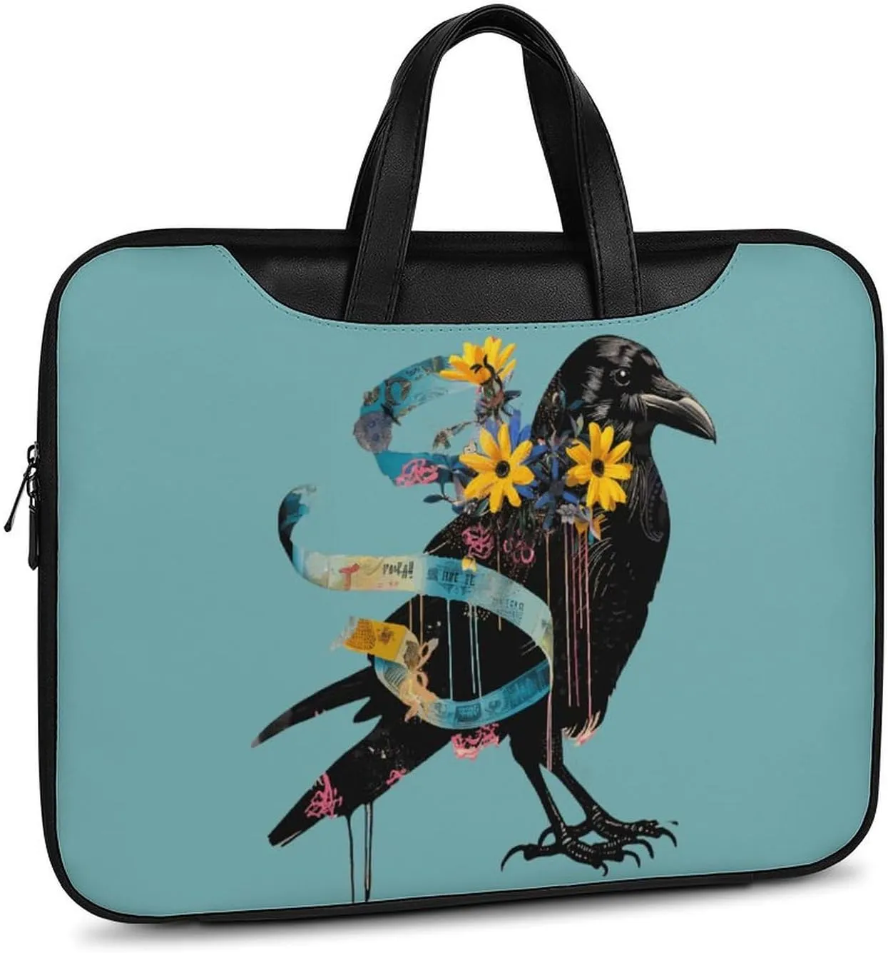 Floral Black Raven Blue Ribbon Laptop Sleeve Bag Protective Case Handbag With Shoulder Strap for Computer 10-17 Inch