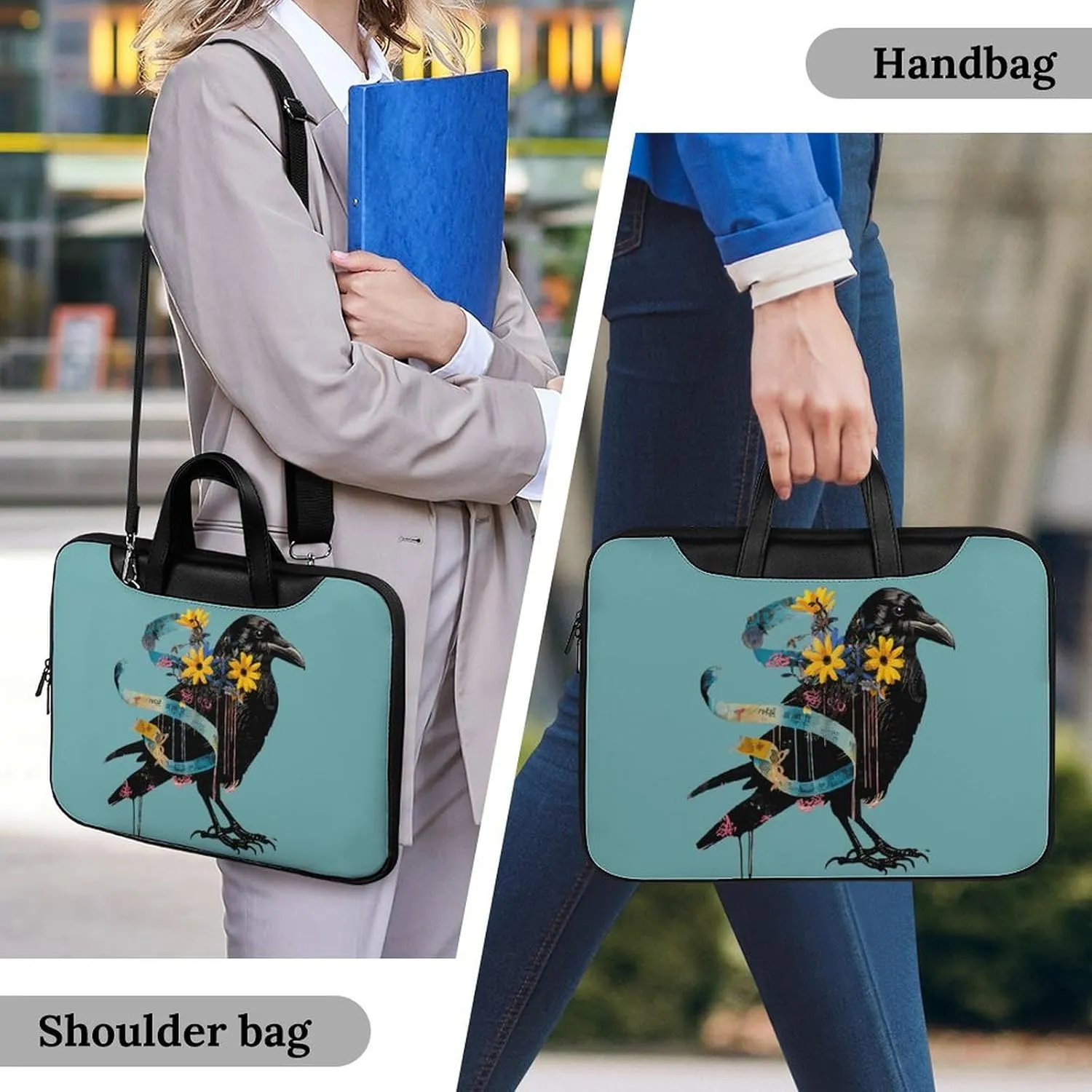 Floral Black Raven Blue Ribbon Laptop Sleeve Bag Protective Case Handbag With Shoulder Strap for Computer 10-17 Inch