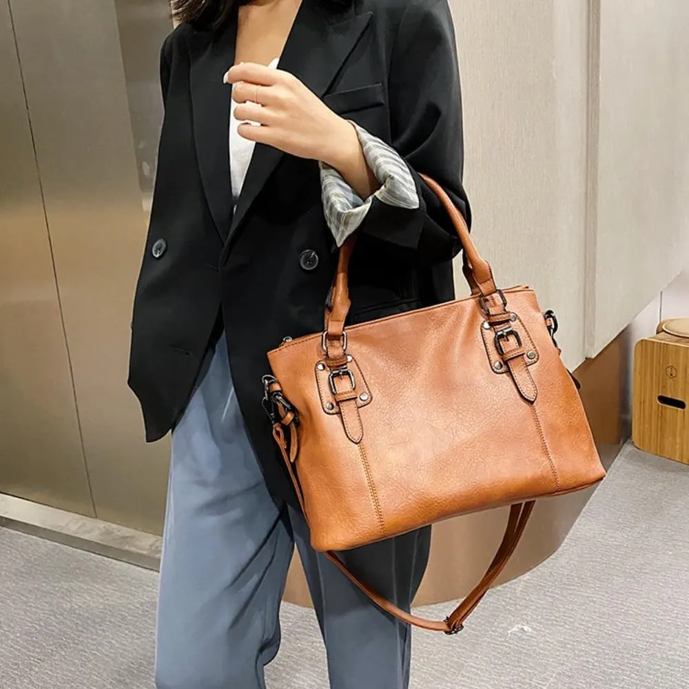 FUNSEED Handbag for Women, Large Capacity Vintage PU Leather Tote Shoulder Bag with Zipper