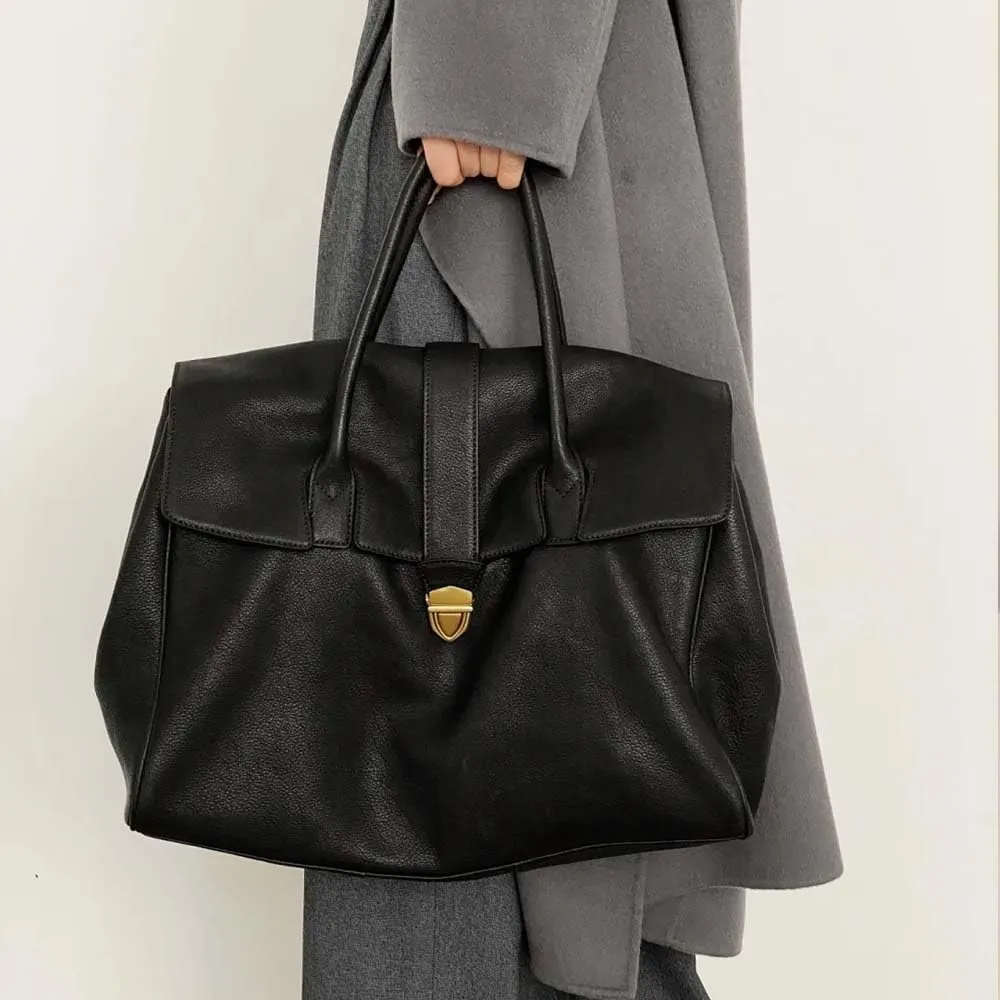 Handheld briefcase women's vintage leather large capacity commuting tanned cowhide women's bag