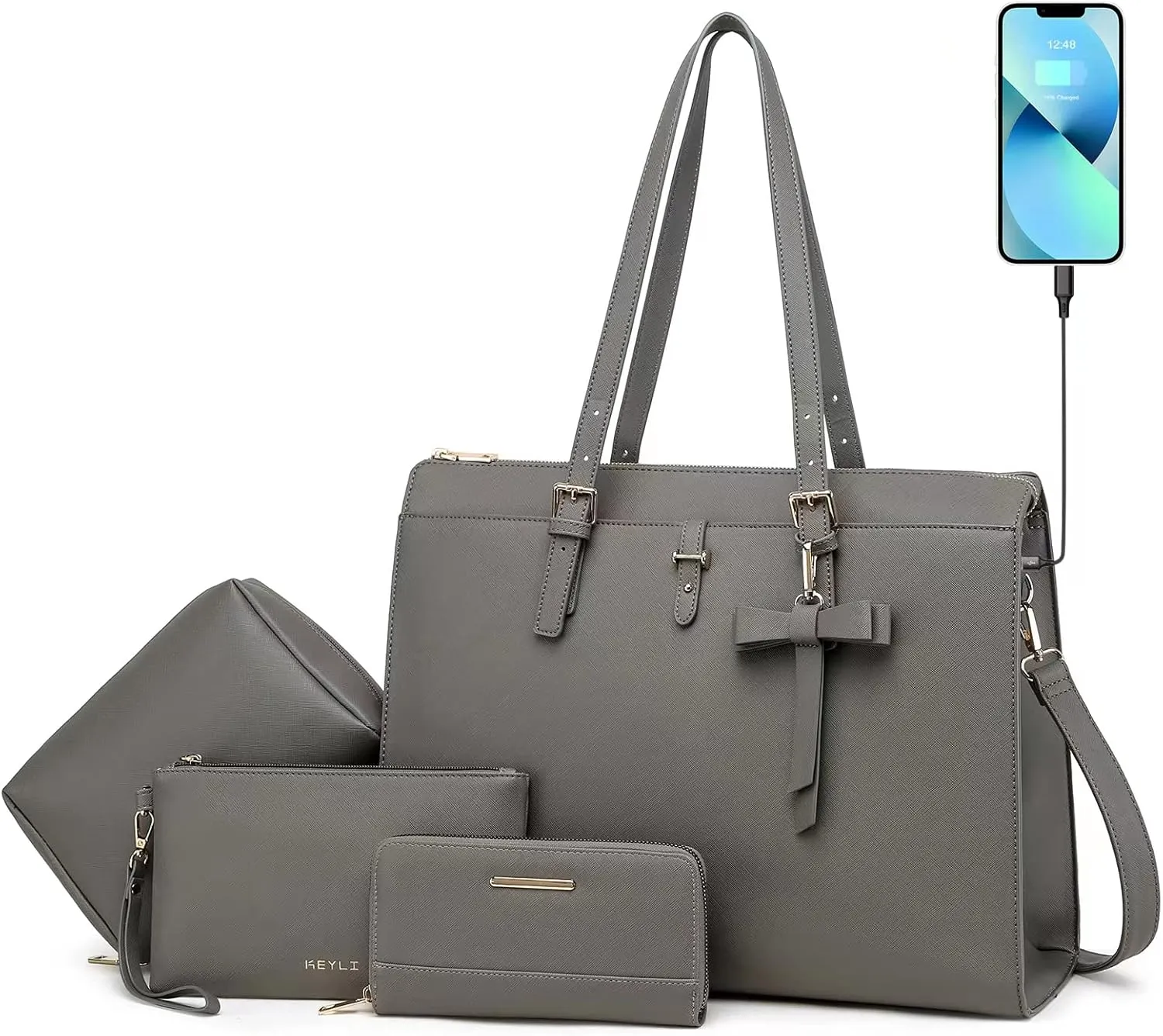 Keyli 4pc Sets Laptop Bag for Women Large Leather Laptop Briefcase with USB Charging Port Computer Shoulder tote Bags Purse