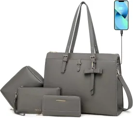 Keyli 4pc Sets Laptop Bag for Women Large Leather Laptop Briefcase with USB Charging Port Computer Shoulder tote Bags Purse