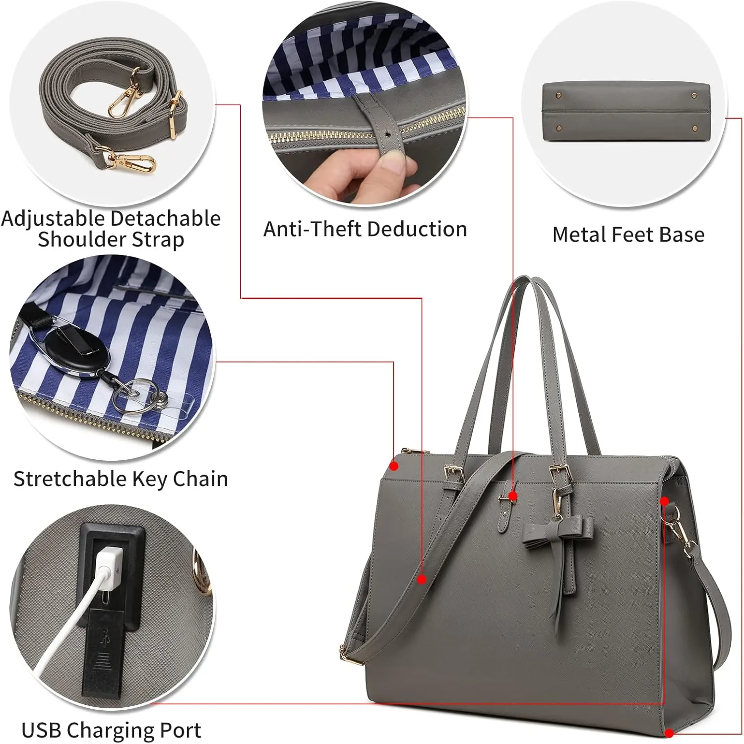 Keyli 4pc Sets Laptop Bag for Women Large Leather Laptop Briefcase with USB Charging Port Computer Shoulder tote Bags Purse