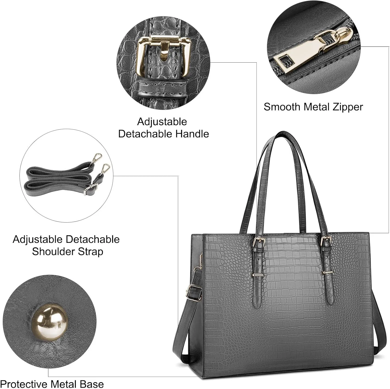 Laptop Bag for Women 15.6 Inch Laptop Tote Bag Leather Classy Computer Briefcase for Work Waterproof Handbag Professional Shoulder Bag Women Business Office Bag Large Capacity Grey