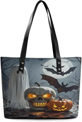 Leather Tote Bag Crossbody Bags for Women Fashion Top Handle Handbag Pumpkin Lantern Ghost Ladies Shoulder Bags Casual Beach Bag Gym Bages Ladies Purses for Shopping Work Travel