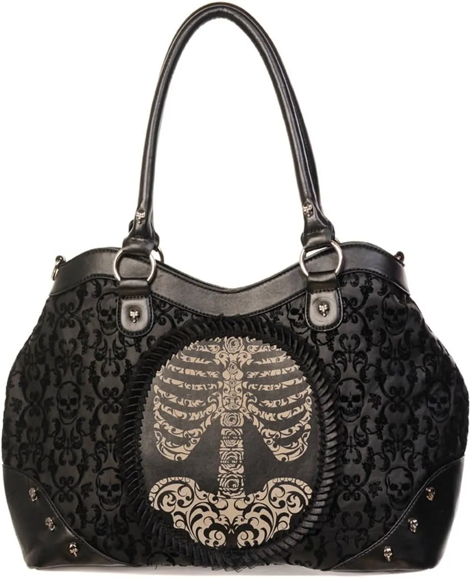 Lost Queen Black Flocked Cameo Skeleton Handbag - Black/One Size