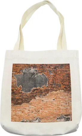 Lunarable Brick Wall Tote Bag, Cracked Concrete Vintage Brick Wall Grunge Style Ruined Grunge Pattern Image, Cloth Linen Reusable Bag for Shopping Books Beach and More, 16.5" X 14", Cream