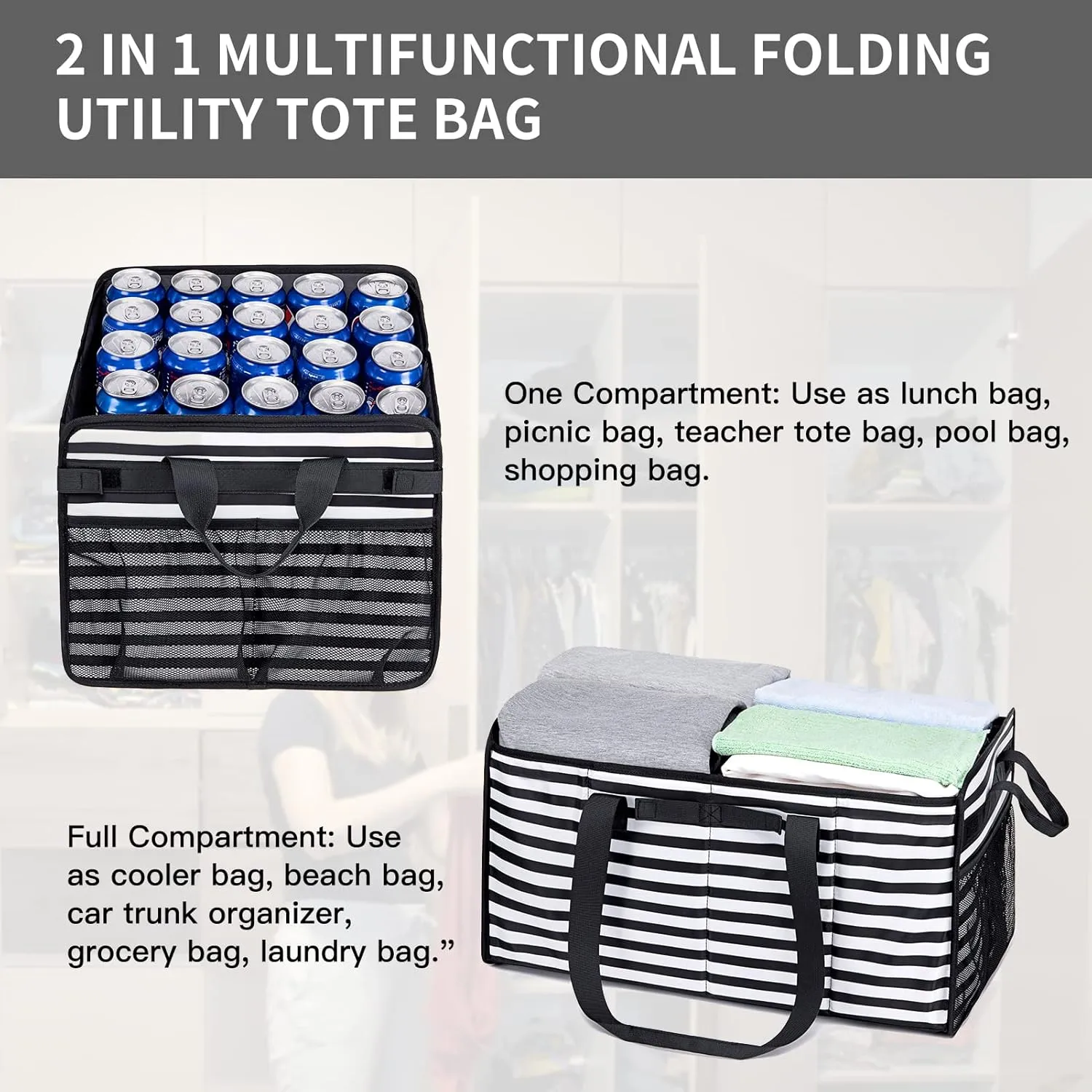 Muzale Extra Large Utility Tote Bag with Wire Frame Reusable Grocery Bags Foldable Heavy Duty Shopping Bags for Groceries Collapsible Totes with Handles for Carrying Heavy Loads Storage Car Trunk