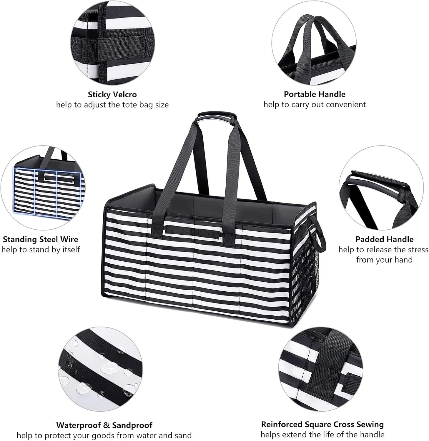 Muzale Extra Large Utility Tote Bag with Wire Frame Reusable Grocery Bags Foldable Heavy Duty Shopping Bags for Groceries Collapsible Totes with Handles for Carrying Heavy Loads Storage Car Trunk