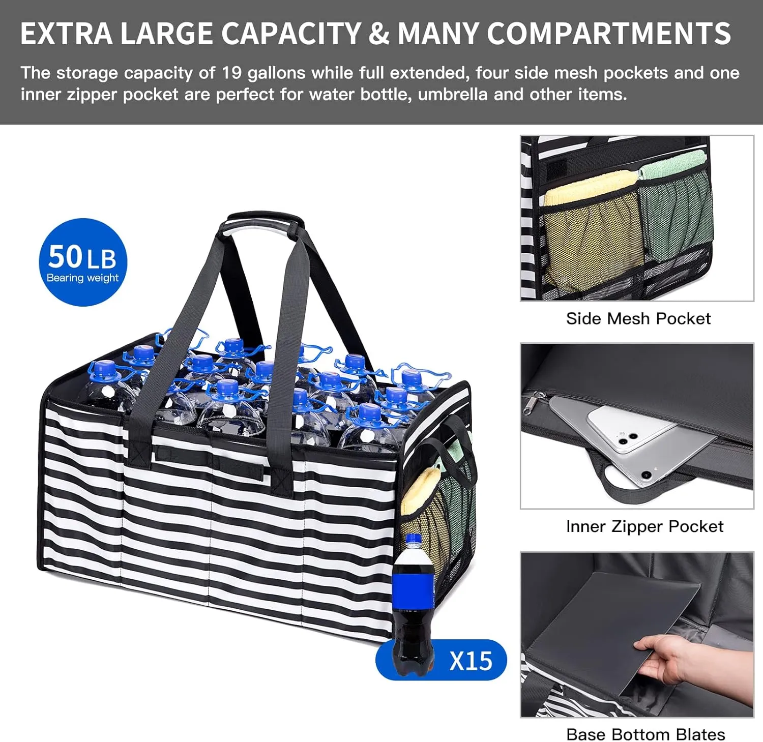 Muzale Extra Large Utility Tote Bag with Wire Frame Reusable Grocery Bags Foldable Heavy Duty Shopping Bags for Groceries Collapsible Totes with Handles for Carrying Heavy Loads Storage Car Trunk