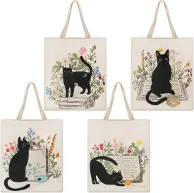 Oudain 4 Pcs Canvas Tote Bag for Women Floral Black Cat Canvas Tote Aesthetic Reusable Grocery Bags Cute Gifts for Cat Lover