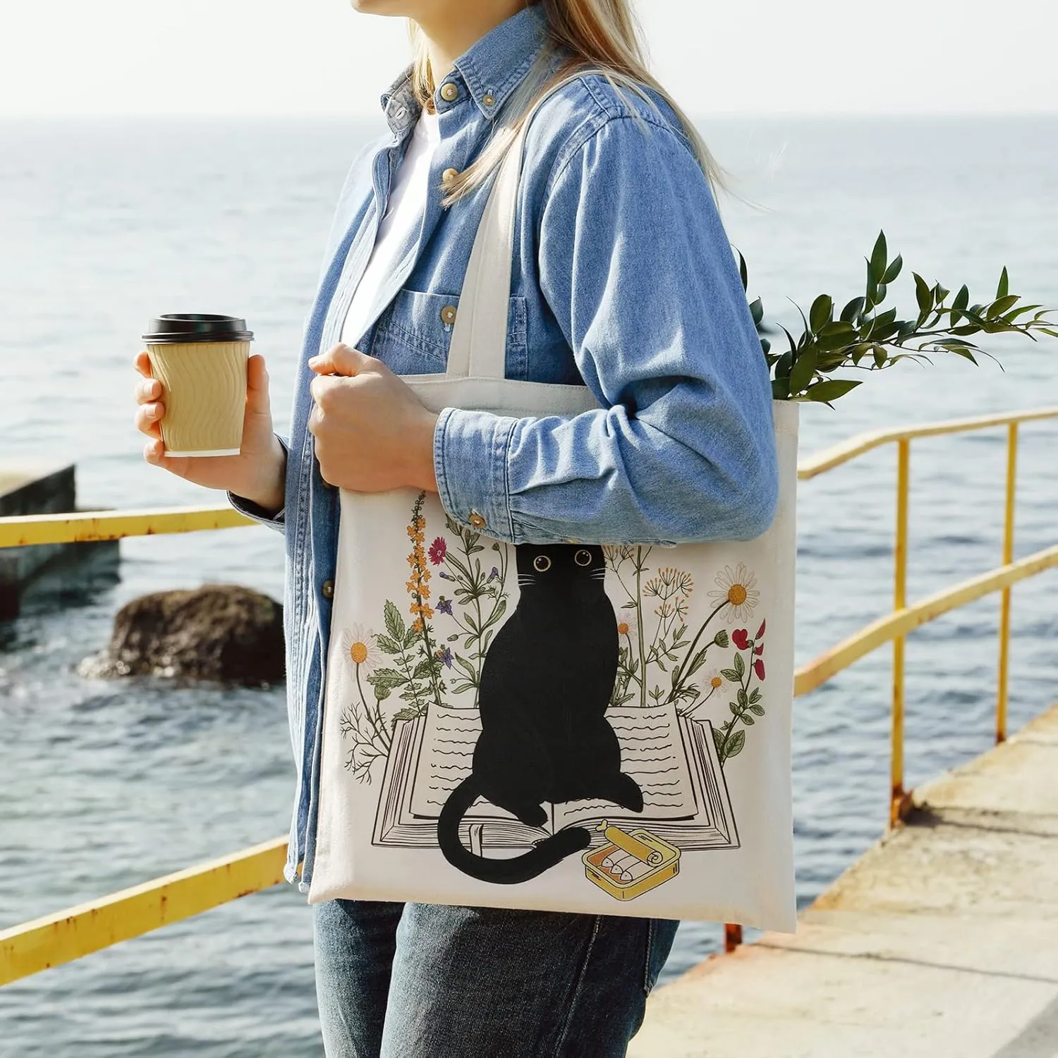 Oudain 4 Pcs Canvas Tote Bag for Women Floral Black Cat Canvas Tote Aesthetic Reusable Grocery Bags Cute Gifts for Cat Lover