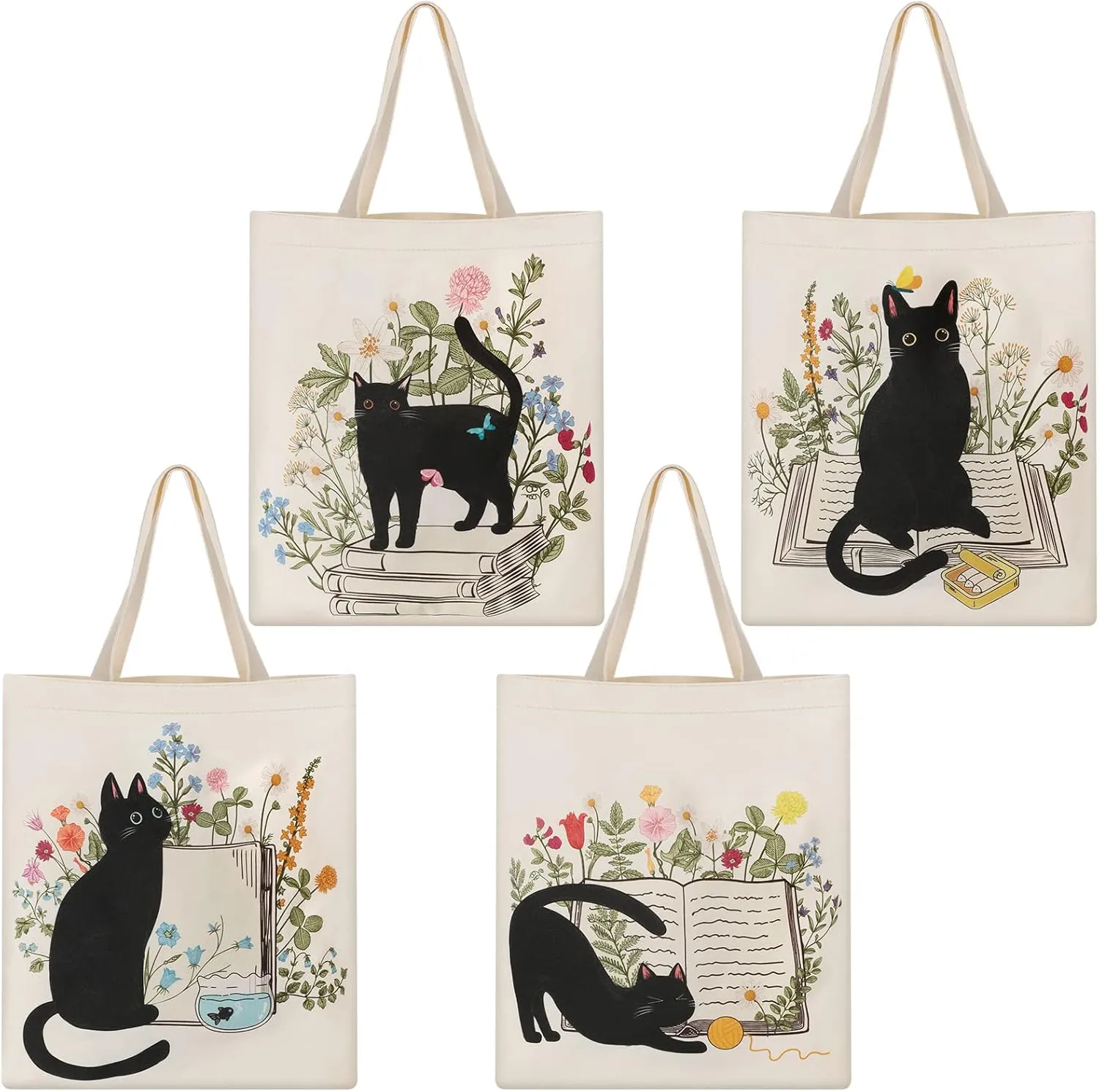 Oudain 4 Pcs Canvas Tote Bag for Women Floral Black Cat Canvas Tote Aesthetic Reusable Grocery Bags Cute Gifts for Cat Lover
