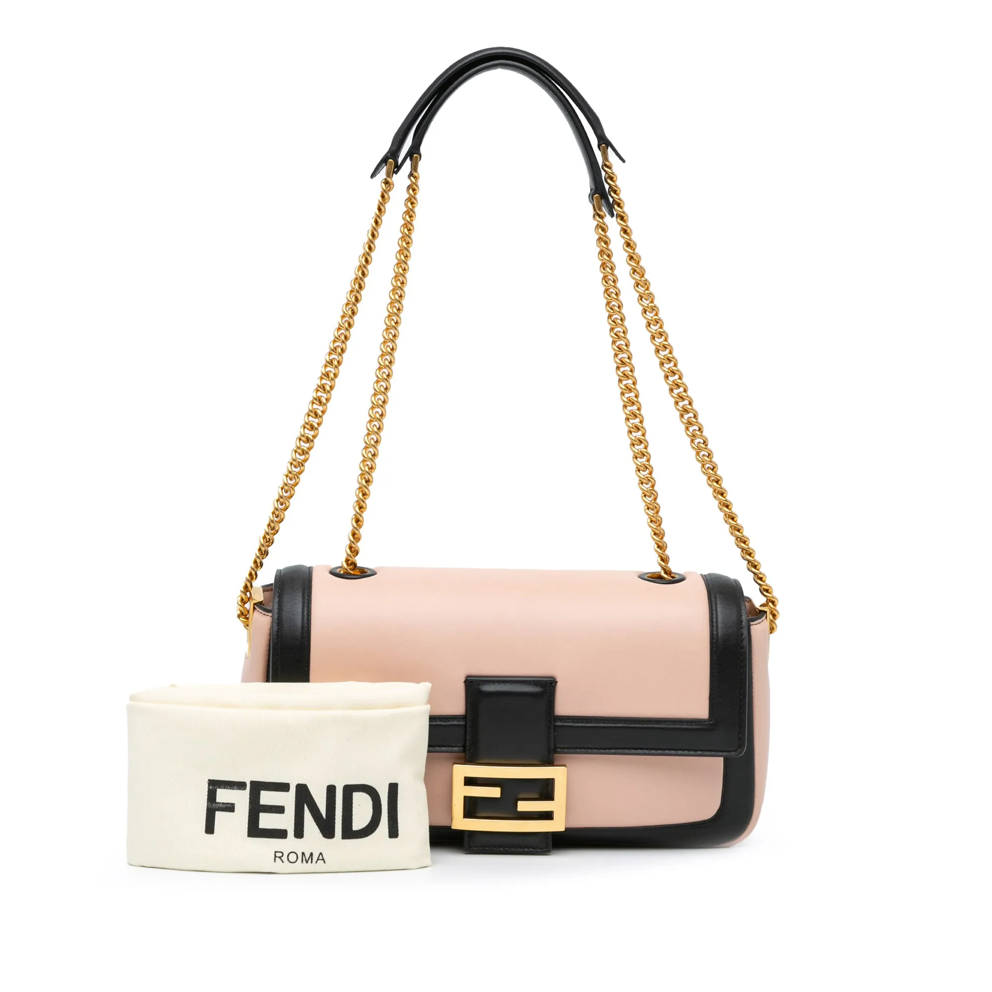 Pink Fendi Bicolor Leather Chain Midi Baguette Shoulder Bag